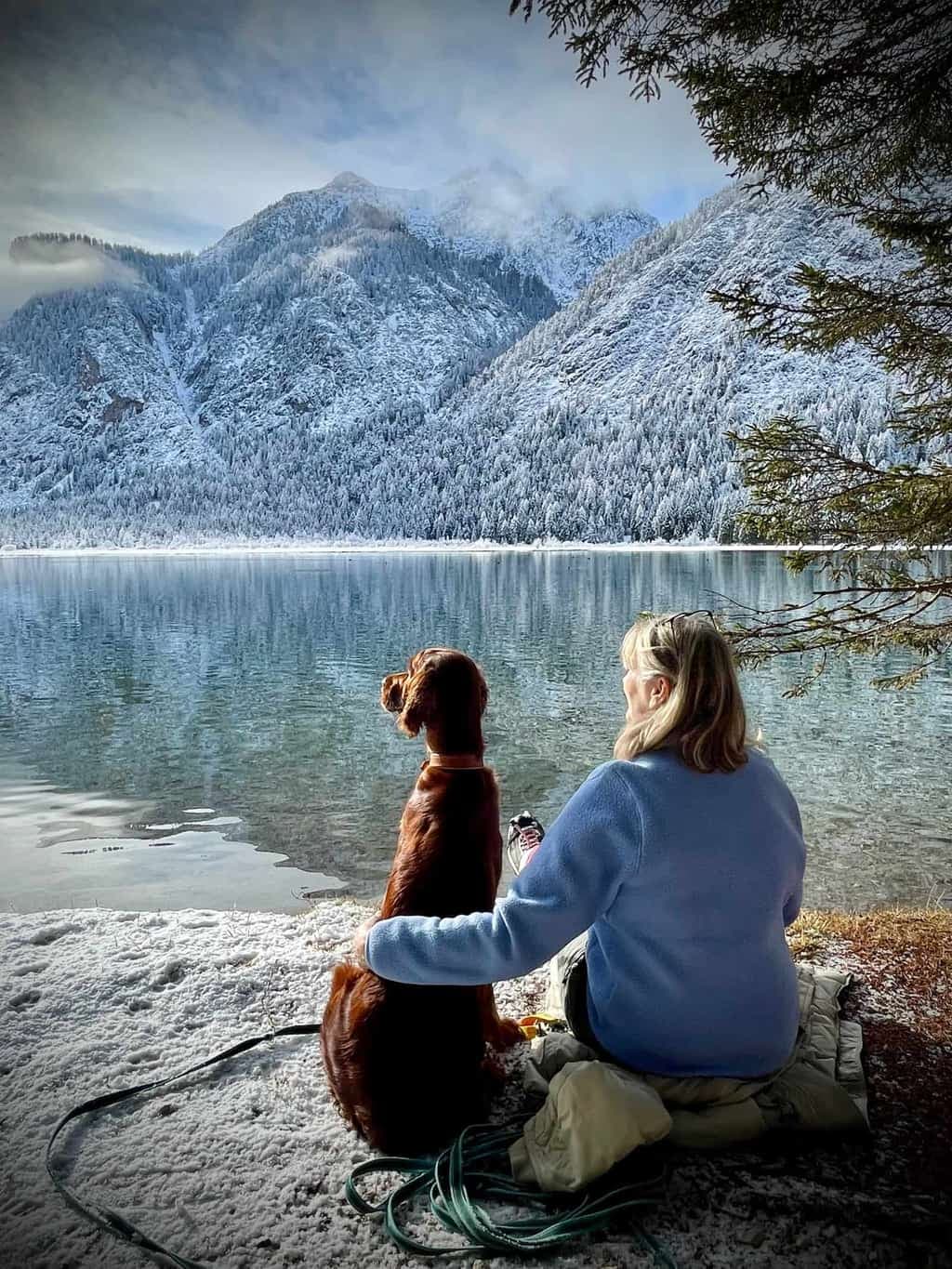 Irish Red Setter von Irish Windlooper's sitzt mit seiner Besitzerin am Ufer eines winterlichen Bergsees vor verschneiten Gipfeln